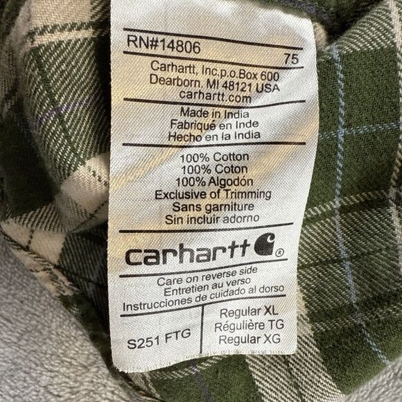 Carhartt Men's XL Green Flannel Plaid Long Sleeve Shirt Original Fit Button Up - Picture 6 of 8